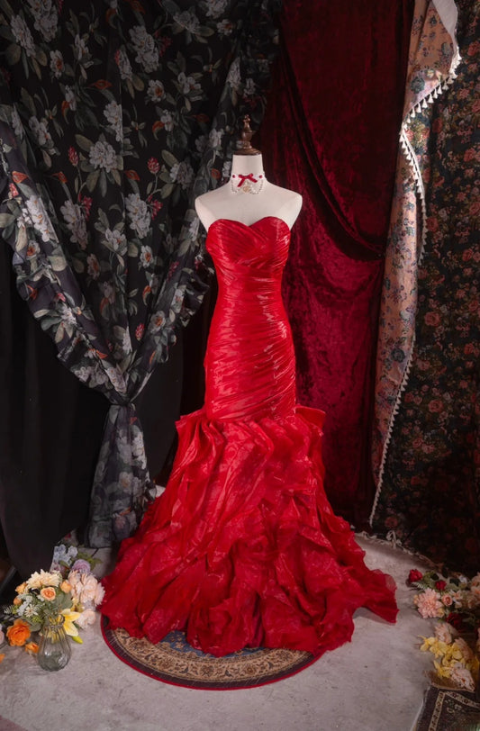 Vintage 1950s Mermaid Strapless Red With Tiered High School Dances Prom Dresses Formal Outfits Evening Gown RB8539