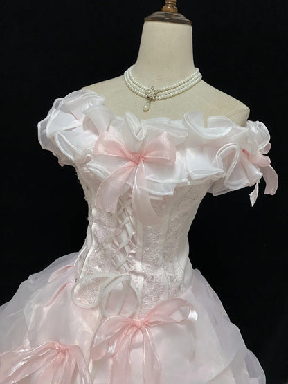 Fairytale Ball Gowns Off The Shoulder Pink Organza Poofy Long With Tiered Layers Quince Dress inspo Quinceanera Dresses Vestidos De 16 anos RB7750