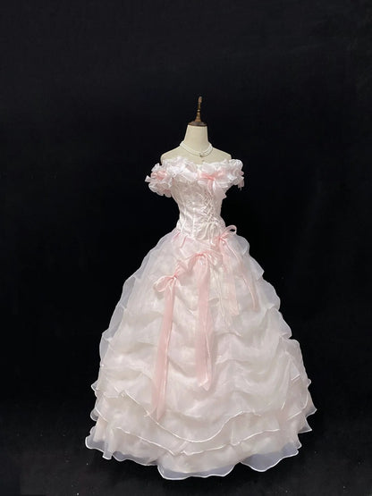 Fairytale Ball Gowns Off The Shoulder Pink Organza Poofy Long With Tiered Layers Quince Dress inspo Quinceanera Dresses Vestidos De 16 anos RB7750