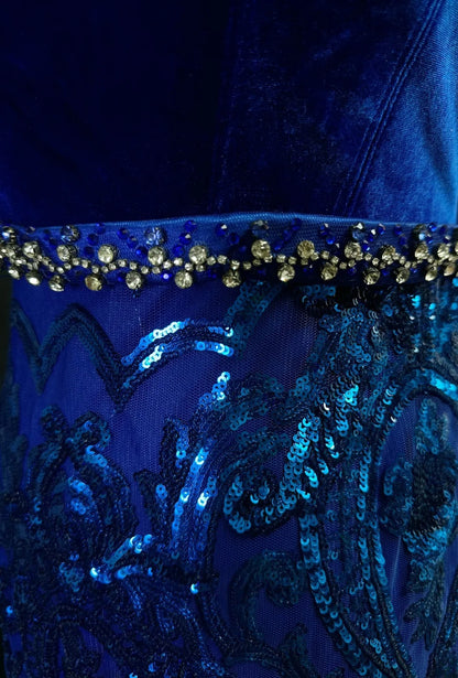 Modest Prom Dresses Mermaid Strapless Royal Blue Velvet Sequin With Beading Long Night Evening Formal Outfits RB6140