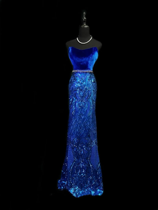Modest Prom Dresses Mermaid Strapless Royal Blue Velvet Sequin With Beading Long Night Evening Formal Outfits RB6140