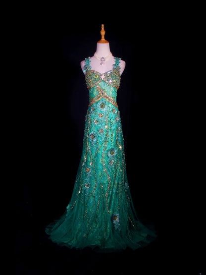 Vintage A-Linien-Abendkleid im Stil der 1950er Jahre aus grünem Tüll mit Perlen und Herzausschnitt – Inspiration für das Outfit zum 20. Geburtstag – Abendkleid AS302