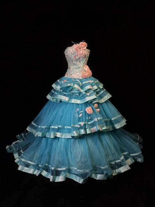 Pretty Ball Gown Strapless Blue Tulle With Flowers Fitted Zipper Back Long 15 Quinceanera Dresses Photo Ideas Formal Outfit RB6141