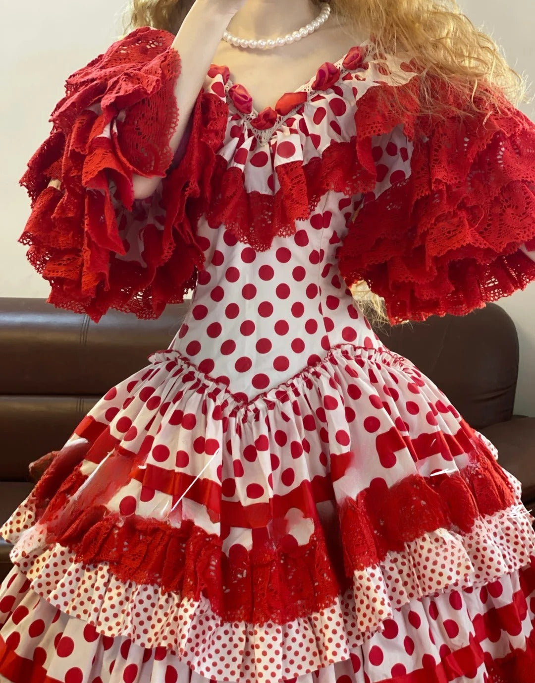 Ball Gown V Neck Red Polka Dots Sweet 16 Dress Tiered Sweet Sixteen Princess Dress RB9352