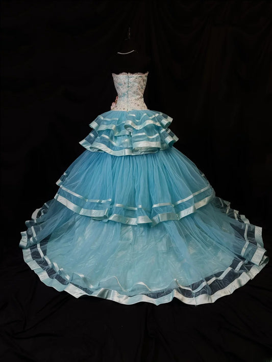 Pretty Ball Gown Strapless Blue Tulle With Flowers Fitted Zipper Back Long 15 Quinceanera Dresses Photo Ideas Formal Outfit RB6141
