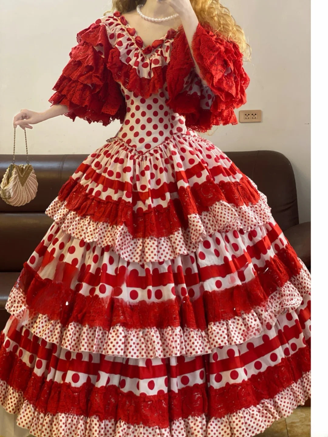 Ball Gown V Neck Red Polka Dots Sweet 16 Dress Tiered Sweet Sixteen Princess Dress RB9352