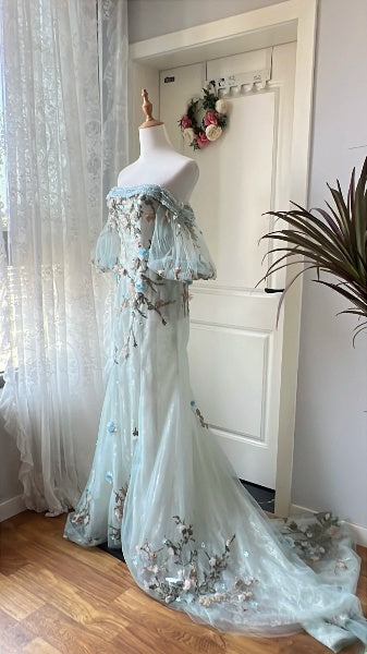 Modest Prom Dresses Aesthetic 90s Retro Mermaid Tulle Blue Floor Length Evening Outfits RC0636