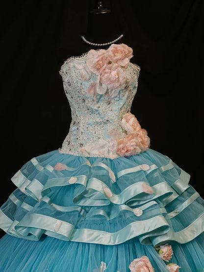Pretty Ball Gown Strapless Blue Tulle With Flowers Fitted Zipper Back Long 15 Quinceanera Dresses Photo Ideas Formal Outfit RB6141