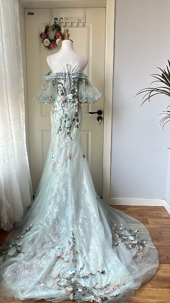 Modest Prom Dresses Aesthetic 90s Retro Mermaid Tulle Blue Floor Length Evening Outfits RC0636