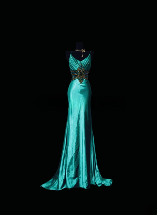 Blaues Abschlussballkleid Inspo Meerjungfrau Spaghettiträger mit Perlen besetzt, dezentes langes formelles Partykleid RC0010
