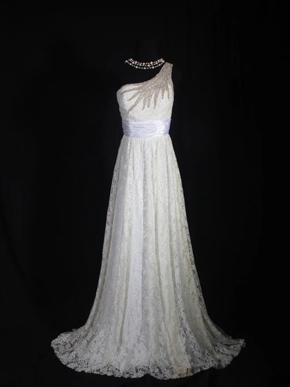 Retron 1950s Wedding Dresses for Bride A line One Shoulder With Silver Beads Lace Petite/Plus Size Bridal Gowns Civil Wedding for Beach Wedding AS304