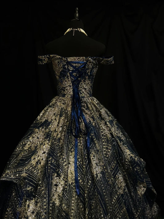 Pretty Ball Gown Off The Shoulder Navy Blue Satin Gold Sequin Fitted Corset Long 15 Quinceanera Dresses Photo Ideas Formal Outfit RB6143