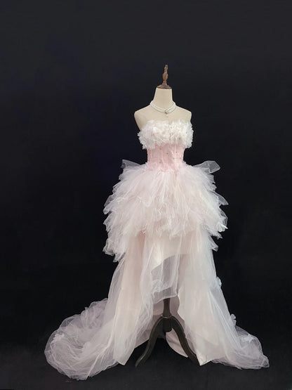 Fairytale Ball Gowns Strapless Pink Tulle Poofy Long With Tiered Layers Quince Dress inspo Quinceanera Dresses Vestidos De 16 anos RB7753
