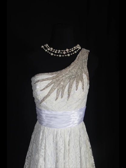 Retron 1950s Wedding Dresses for Bride A line One Shoulder With Silver Beads Lace Petite/Plus Size Bridal Gowns Civil Wedding for Beach Wedding AS304
