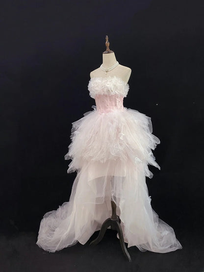 Fairytale Ball Gowns Strapless Pink Tulle Poofy Long With Tiered Layers Quince Dress inspo Quinceanera Dresses Vestidos De 16 anos RB7753