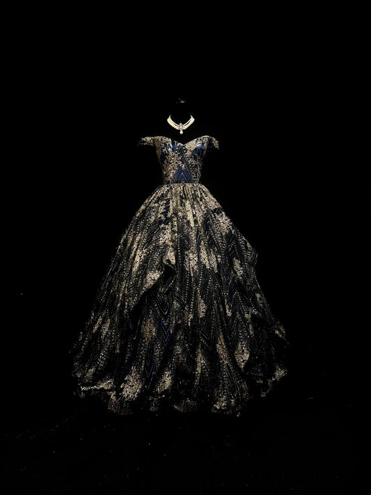 Pretty Ball Gown Off The Shoulder Navy Blue Satin Gold Sequin Fitted Corset Long 15 Quinceanera Dresses Photo Ideas Formal Outfit RB6143