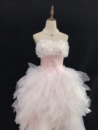 Fairytale Ball Gowns Strapless Pink Tulle Poofy Long With Tiered Layers Quince Dress inspo Quinceanera Dresses Vestidos De 16 anos RB7753
