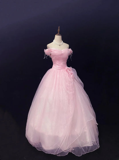 Fairytale Ball Gowns Off The Shoulder Pink Tulle Poofy Long With 3D Flowers Quince Dress inspo Quinceanera Dresses Vestidos De 16 anos RB7754