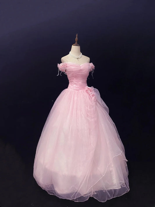 Fairytale Ball Gowns Off The Shoulder Pink Tulle Poofy Long With 3D Flowers Quince Dress inspo Quinceanera Dresses Vestidos De 16 anos RB7754