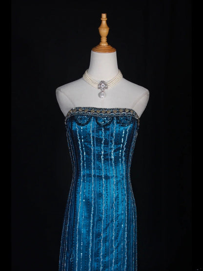 Retro-Meerjungfrauenkleid im Stil der 1950er Jahre: Trägerloses, blaues Chiffonkleid mit Strassbesatz am Oberteil, langes Ballkleid, Inspiration für den 22. Geburtstag, formelles Abendkleid AS305