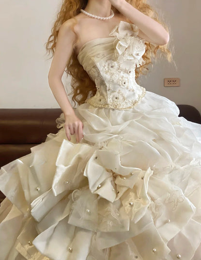 Ball Gown Strapless White With Ruffled Sweet 16 Dress Tiered Sweet Sixteen Princess Dress RB9355
