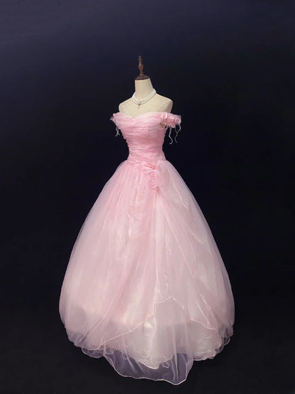 Fairytale Ball Gowns Off The Shoulder Pink Tulle Poofy Long With 3D Flowers Quince Dress inspo Quinceanera Dresses Vestidos De 16 anos RB7754