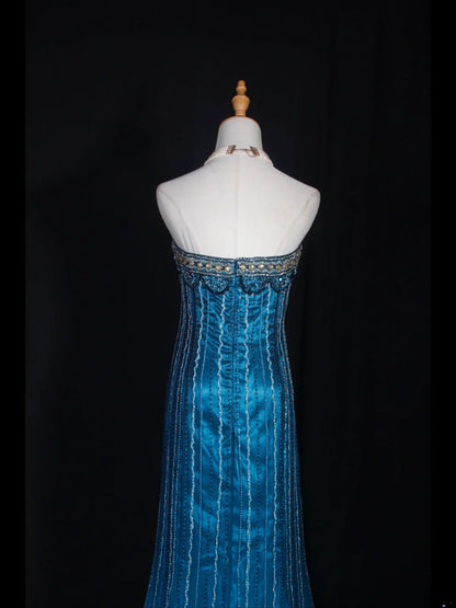 Retro-Meerjungfrauenkleid im Stil der 1950er Jahre: Trägerloses, blaues Chiffonkleid mit Strassbesatz am Oberteil, langes Ballkleid, Inspiration für den 22. Geburtstag, formelles Abendkleid AS305