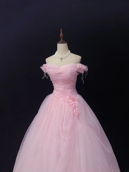 Fairytale Ball Gowns Off The Shoulder Pink Tulle Poofy Long With 3D Flowers Quince Dress inspo Quinceanera Dresses Vestidos De 16 anos RB7754