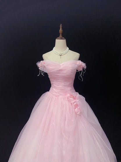 Fairytale Ball Gowns Off The Shoulder Pink Tulle Poofy Long With 3D Flowers Quince Dress inspo Quinceanera Dresses Vestidos De 16 anos RB7754