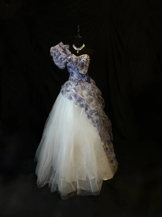 Vintage 80s Prom Dresses Ball Gown One Shoulder White Tulle With Purple Lace Party Gown Formal Outfits RB6145