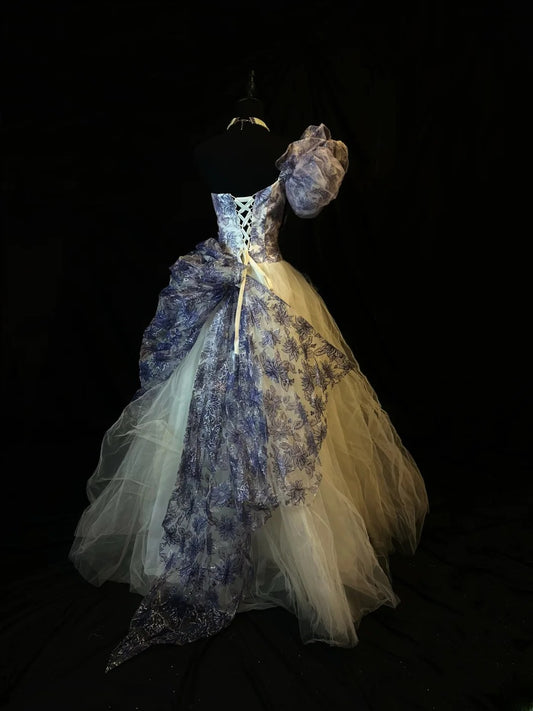 Vintage 80s Prom Dresses Ball Gown One Shoulder White Tulle With Purple Lace Party Gown Formal Outfits RB6145