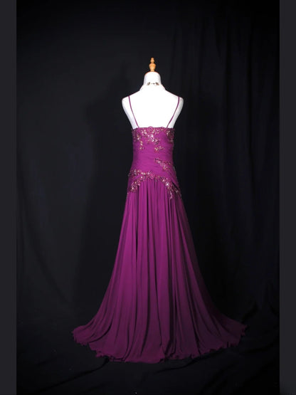 Vintage A-Linien-Abendkleid im 70er-Jahre-Stil mit Spaghettiträgern, weinrotem Chiffon und Perlen – Inspiration für das Outfit zum 20. Geburtstag, festliche Abendkleider AS306
