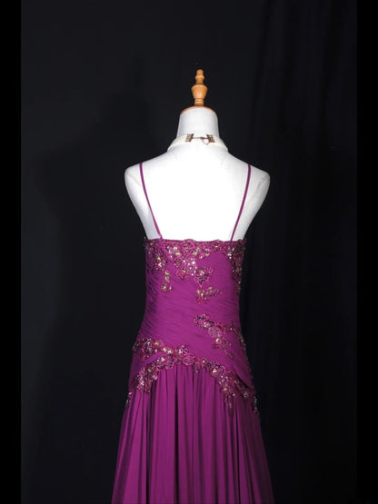 Vintage A-Linien-Abendkleid im 70er-Jahre-Stil mit Spaghettiträgern, weinrotem Chiffon und Perlen – Inspiration für das Outfit zum 20. Geburtstag, festliche Abendkleider AS306