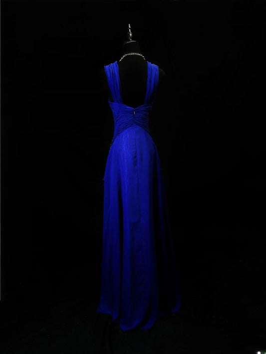 Modest Prom Dresses A line Off The Shoulder Royal Blue Chiffon With Beading Long Night Evening Formal Outfits RB6146