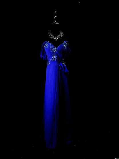 Modest Prom Dresses A line Off The Shoulder Royal Blue Chiffon With Beading Long Night Evening Formal Outfits RB6146