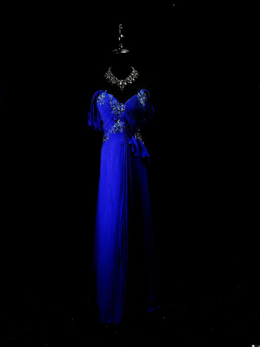 Modest Prom Dresses A line Off The Shoulder Royal Blue Chiffon With Beading Long Night Evening Formal Outfits RB6146