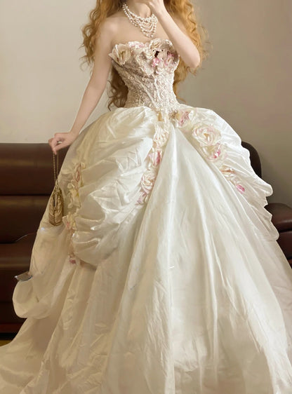 Prom Dress Elegant Ball Gown Strapless White With 3D Flowers Formal Evening Gown for Women Graduation Party RB9358
