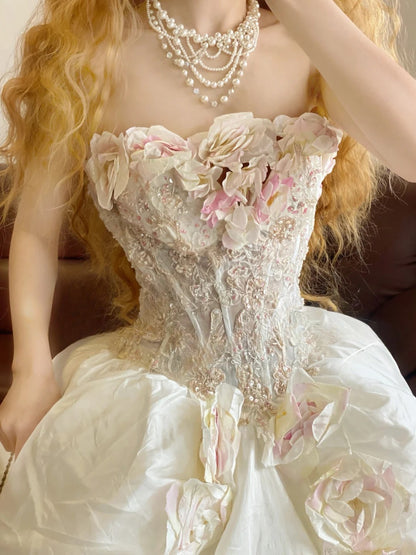Prom Dress Elegant Ball Gown Strapless White With 3D Flowers Formal Evening Gown for Women Graduation Party RB9358