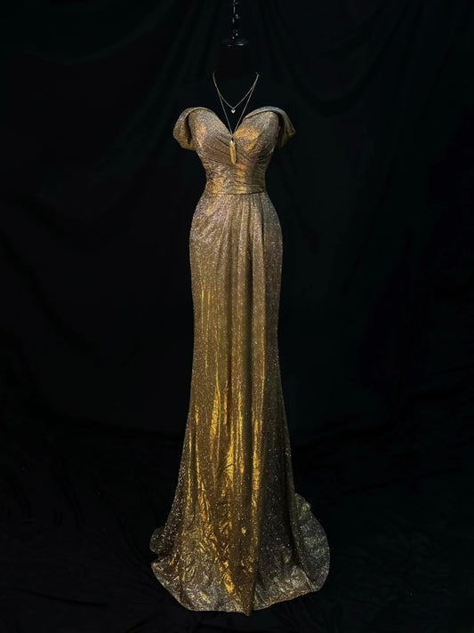 Modest Prom Dresses Mermaid Off The Shoulder Gold Sequin With Ruffled Long Night Evening Formal Outfits RB6147
