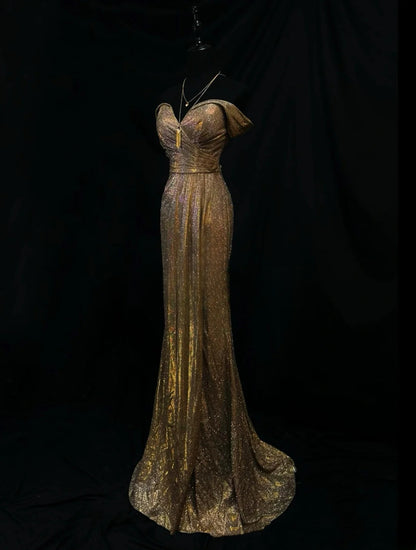Modest Prom Dresses Mermaid Off The Shoulder Gold Sequin With Ruffled Long Night Evening Formal Outfits RB6147