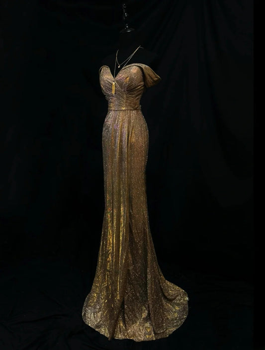Modest Prom Dresses Mermaid Off The Shoulder Gold Sequin With Ruffled Long Night Evening Formal Outfits RB6147