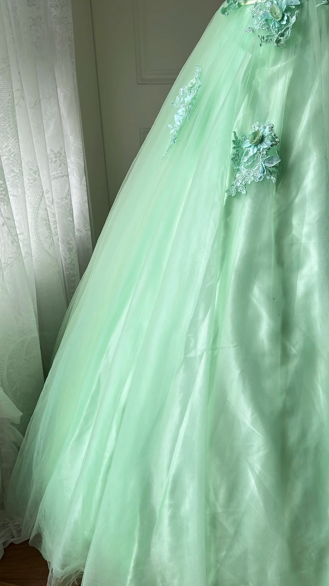 Sweet 15 Quinceanera Dress Ball Gown Off The Shoulder Mint Green Tulle With Appliques Long 16th Birthday Outfits RC0640