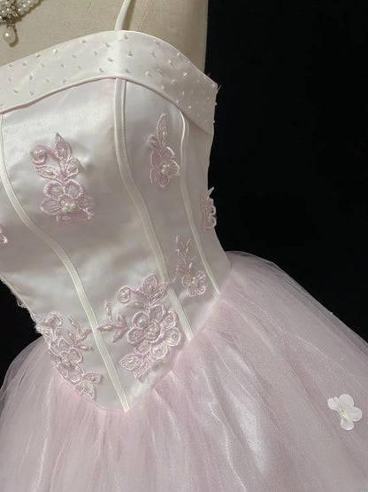 Cute Ball Gowns Spaghetti Straps Light Pink Tulle Poofy Long With Appliqued Quince Dress inspo Quinceanera Dresses Vestidos De 16 anos RB7758