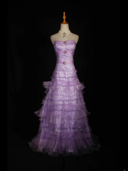 Vintage 70er-Jahre Ballkleid mit Herzausschnitt, lilafarbenem, perlenbesetztem Oberteil, plissiertem Rock, langem Schnitt, perfektes Outfit für den 21. Geburtstag, Modell AS310