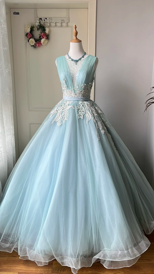 Sweet 15 Quinceanera Dress Ball Gown V Neck Light Sky Blue Tulle With Appliques Long 16th Birthday Outfits RC0641