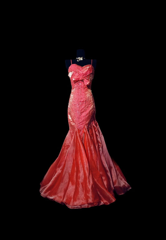 Neonpinkes Abschlussballkleid Inspo Meerjungfrau Spaghettiträger mit Perlen besetzt Dezent langes formelles Partykleid RC0014