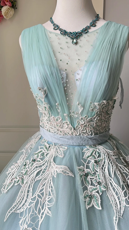 Sweet 15 Quinceanera Dress Ball Gown V Neck Light Sky Blue Tulle With Appliques Long 16th Birthday Outfits RC0641