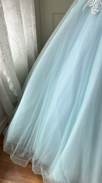 Sweet 15 Quinceanera Dress Ball Gown V Neck Light Sky Blue Tulle With Appliques Long 16th Birthday Outfits RC0641