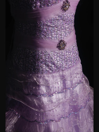 Vintage 70er-Jahre Ballkleid mit Herzausschnitt, lilafarbenem, perlenbesetztem Oberteil, plissiertem Rock, langem Schnitt, perfektes Outfit für den 21. Geburtstag, Modell AS310