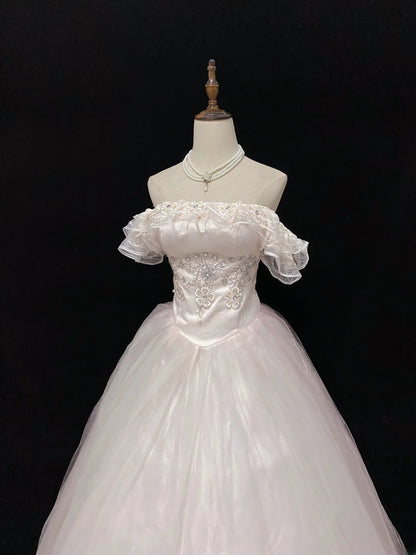 Sweet Ball Gowns Off The Shoulder Light Pink Tulle Poofy Long With Appliqued Quince Dress inspo Quinceanera Dresses Vestidos De 16 anos RB7759